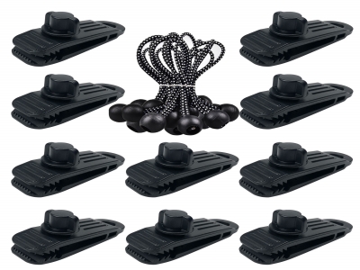 HengLiSam Tarp Clips, Heavy Duty Lock Grip with Bungee Cord, Clamps Withstand 60mph Strong Wind Fit for Awnings, Outdoor Camping, Caravan Canopies, Car Covers, Swimming Pool Covers (10 +10 pcs)