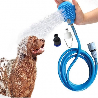 Dog Bathing Tool Pet Shower Sprayer & Pet Bath Brush 2-in-1 Upgraded Pet Shower Attachment For Bathtub & Outdoor Garden Hose Compatible, for Dog Cat Horse Cleaning and Massaging