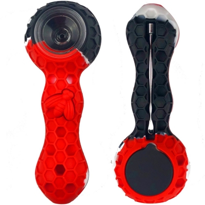 Unbreakable Honeycomb Silicone Straw Pipe with Cleaner Cover and Decorative Bowl Interior (black red)