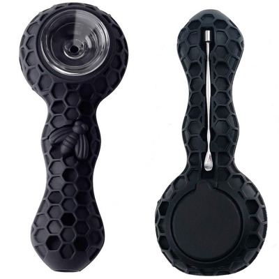 Unbreakable Honeycomb Silicone Straw Pipe with Cleaner Cover and Decorative Bowl Interior (Black)